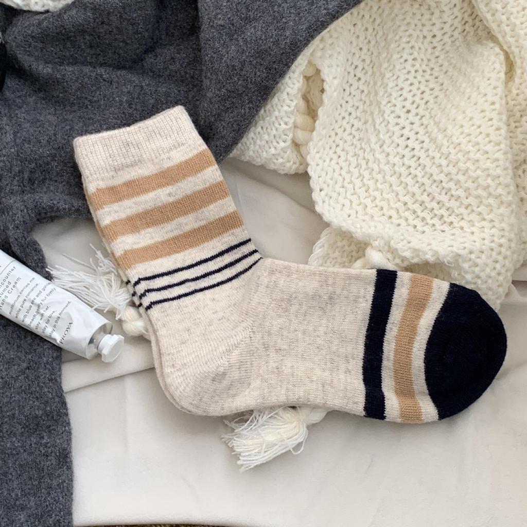 Winter Striped Wool Socks - Japanese Academy Style, Mid-Calf, Slouchy, Warm for Women
