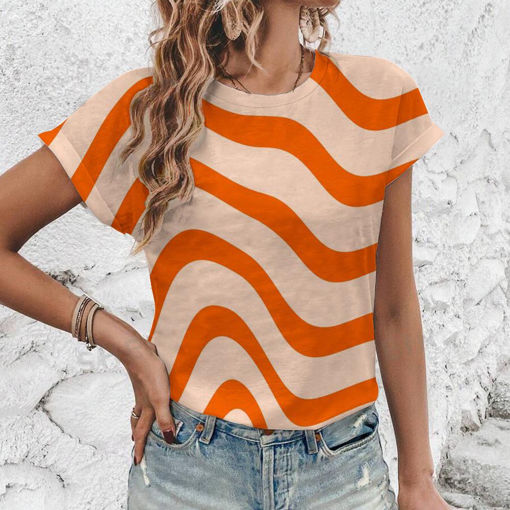Women's Short Sleeve Crew T-Shirt Fashion Geometric Lines Print T-Shirt Summer Casual Elegant Top Women's Clothing T-Shirt