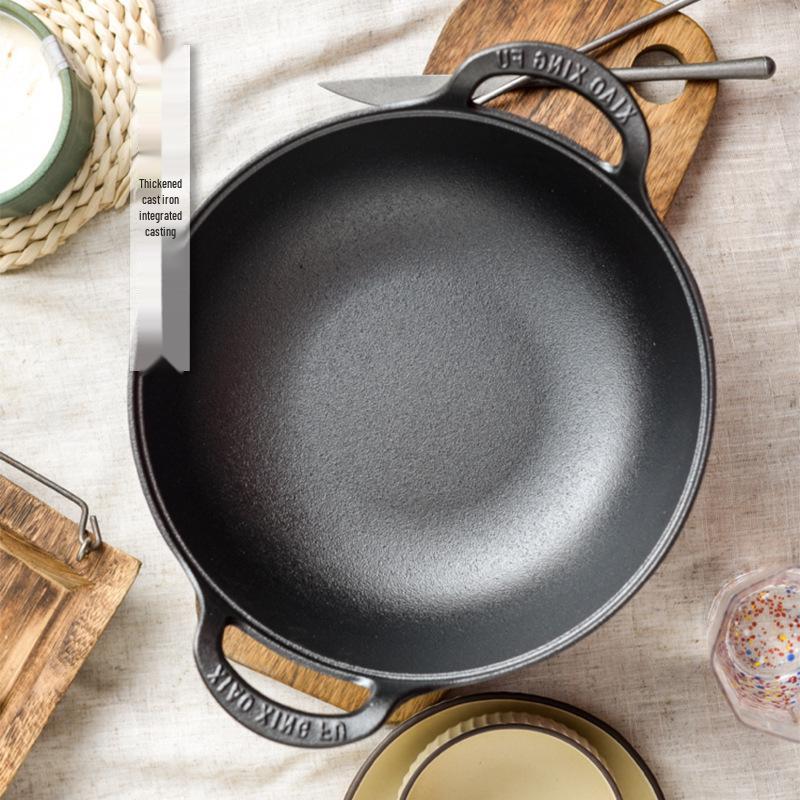 Thickened Cast Iron Yuanbao Pot - Multi-functional Double-handled Stew, Soup, and Frying Pan with Flat Bottom, No Chemical Coating.