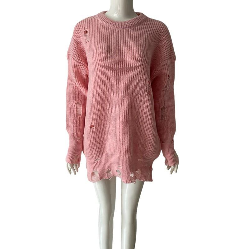 Womens Oversized Knit Sweater Dress Loose Fit Round Neck Solid Color Long Sleeve Mid-Length Pullover Winter