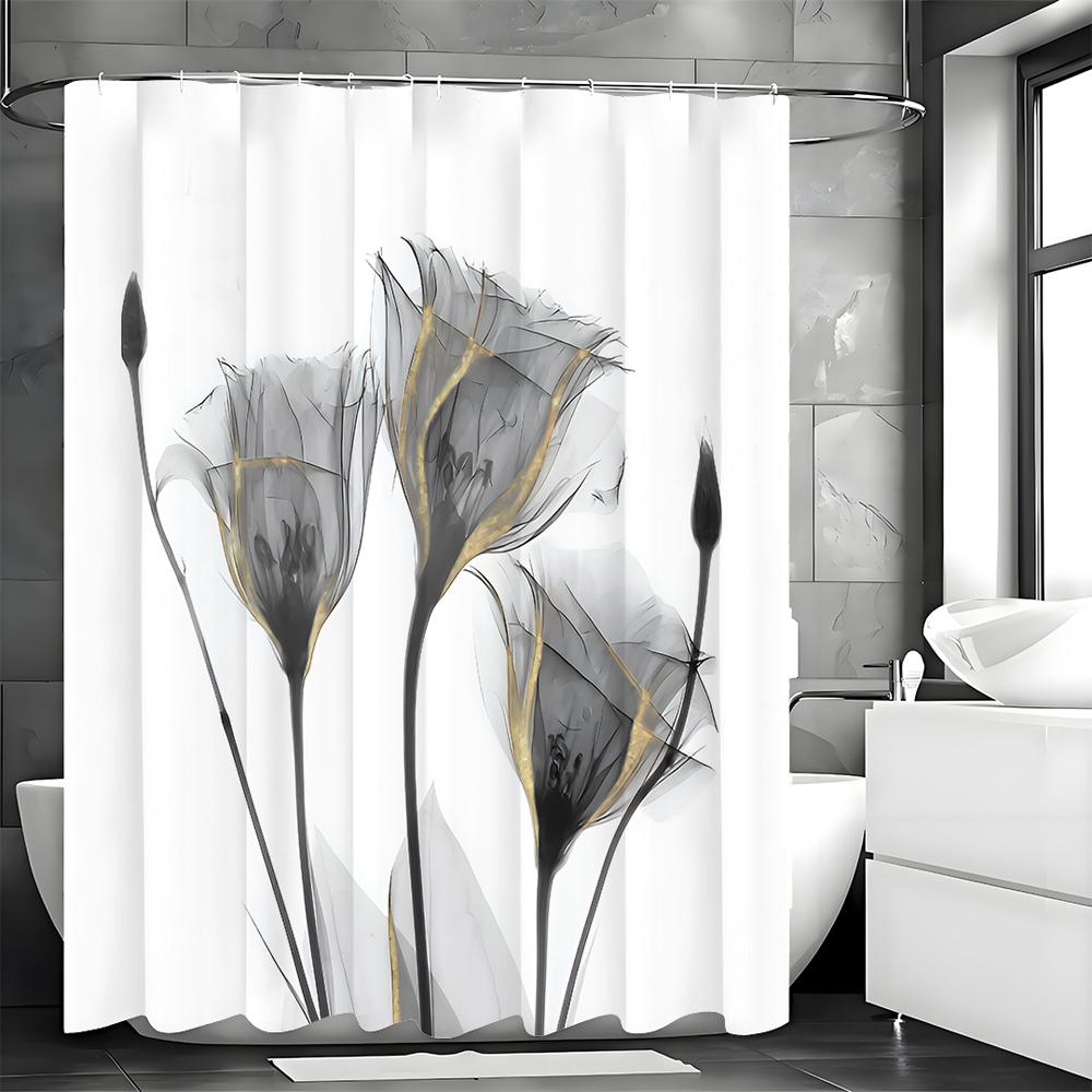 Gray Floral with Gold Line Decorative Shower Curtain, Bathroom Decorative Shower Curtain, Waterproof Shower Curtain with Hooks