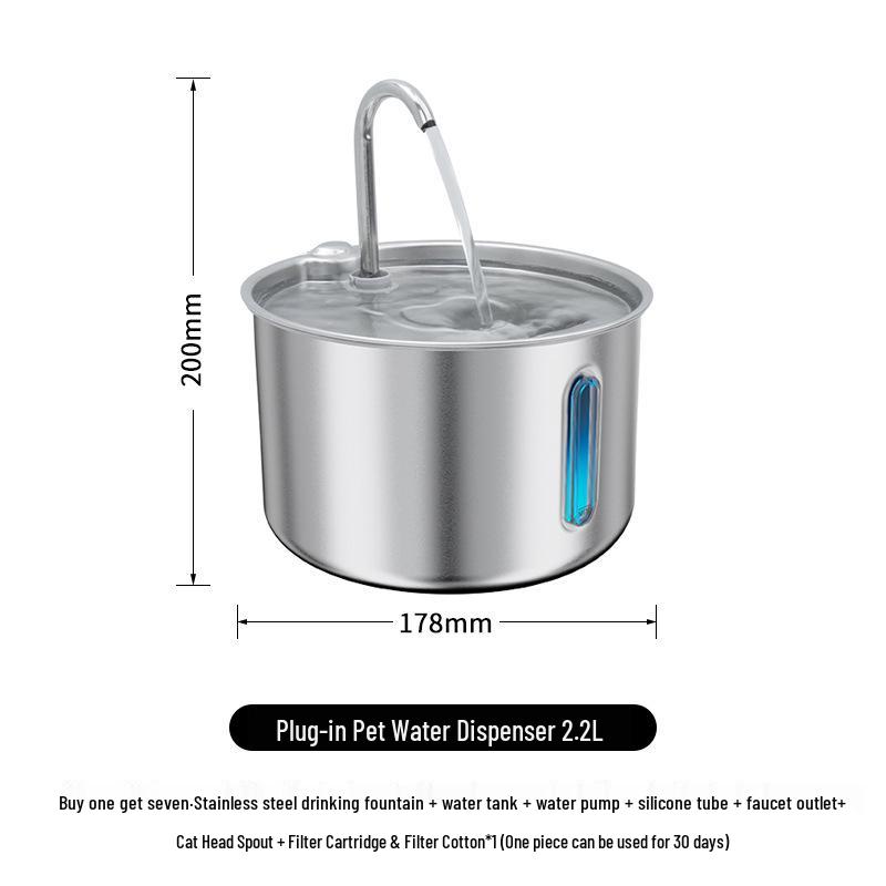 2.2L Stainless Steel Pet Water Fountain with Multi-Stage Filtration & Ultra-Quiet Continuous Flow for Cats