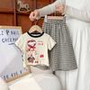 Girls Summer Cotton Short Sleeve T Shirt And Plaid Shorts Set Cute Print Two Piece Casual Outfit For Kids