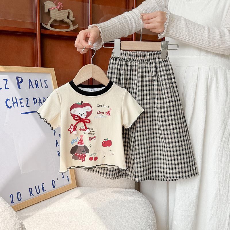 Girls Summer Cotton Short Sleeve T Shirt And Plaid Shorts Set Cute Print Two Piece Casual Outfit For Kids