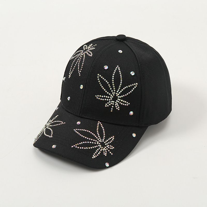 

New Arrival Hot Rhinestone Alphabet Peaked Cap Female Fashion K-style All-Matching Baseball Cap Spring and Autumn Sun Protection Sun Hat Sun Hat Rhinestone Black (leaf)