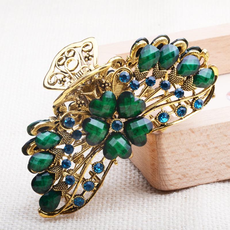 NEW Vintage Crystal Resin Flower Hair Claw Crab Jewelry Flower Peacock Hair Clip Women Banquet Hairpin Accessories