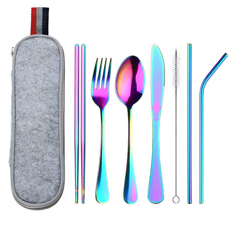 Travel Portable Stainless Steel Cutlery Set: Knife, Fork, Spoon, Straw, Chopsticks with Bag
