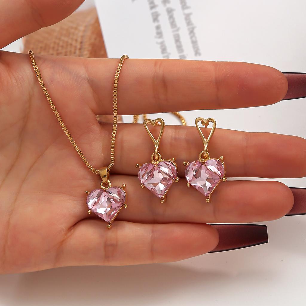 Elegant Box Chain Choker Pink Heart-shaped Pendant Necklace Earring Women's Daily Dating Zircon Ideal Valentine's Day Gift