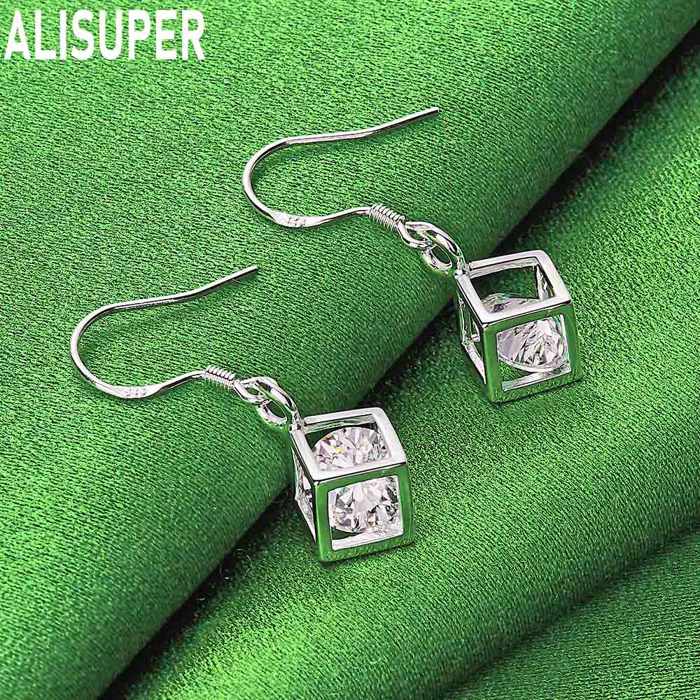 925 Sterling Silver Fashionable 3D Rubik's Cube AAA Zirconia Earrings - Exquisite Evening Jewelry