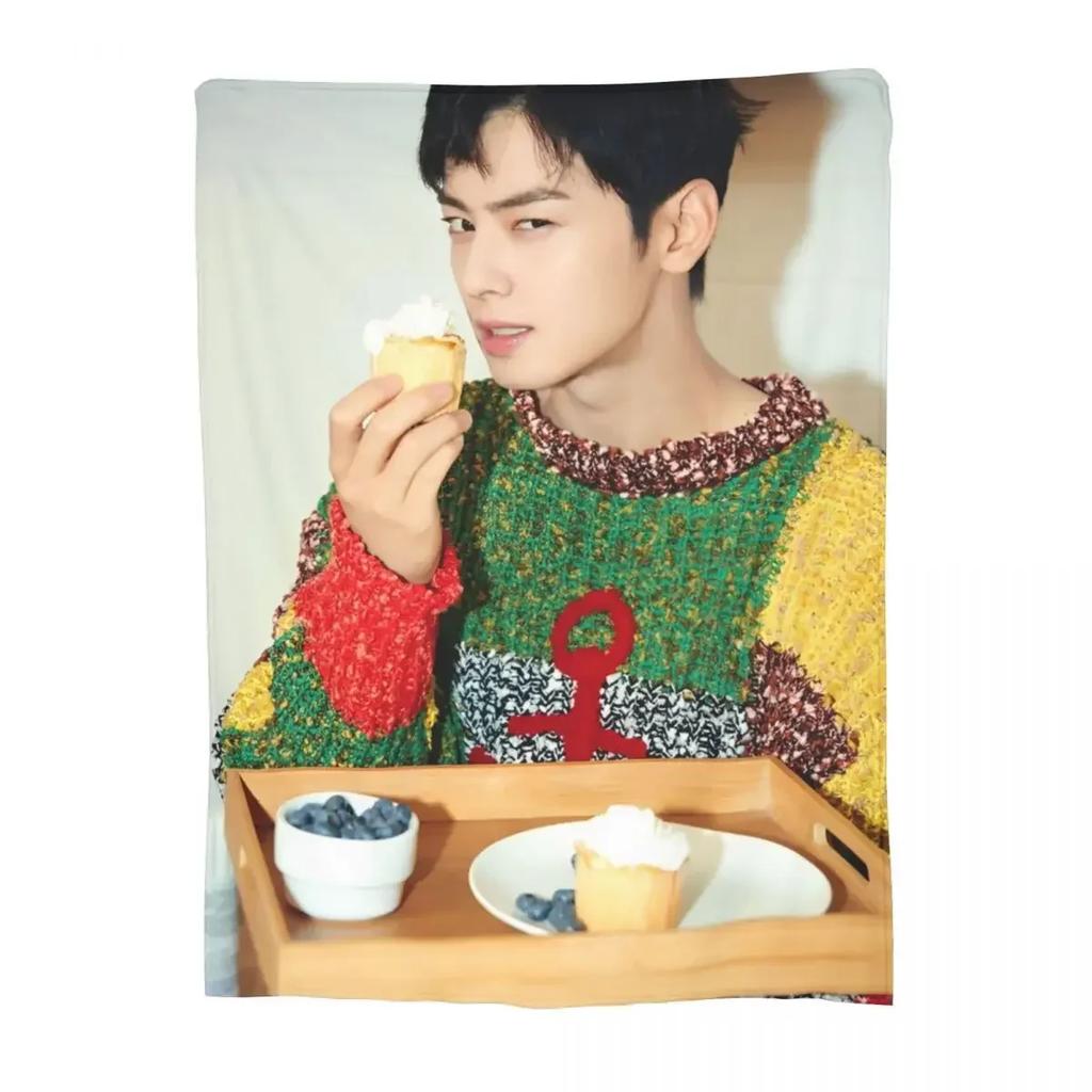 Cha Eun Woo Flannel Print Throw Blanket UltraSoft Kpop Astro Inspired Bedspread for Sofa Car or Home Decor