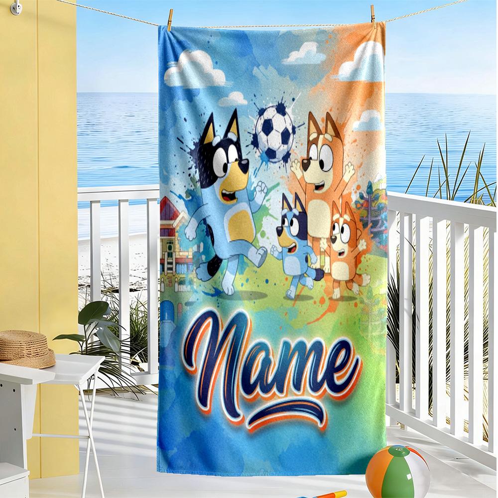 Bluey's Soccer Fun Customize Text Beach Towel Super Soft & Absorbent
