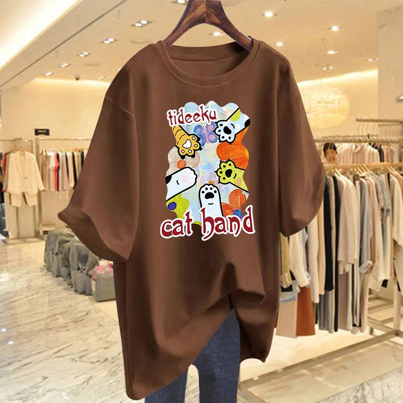 

New cartoon cat age-reducing printed pure cotton versatile large version loose short-sleeved t-shirt women s top bottoming shirt XXXL