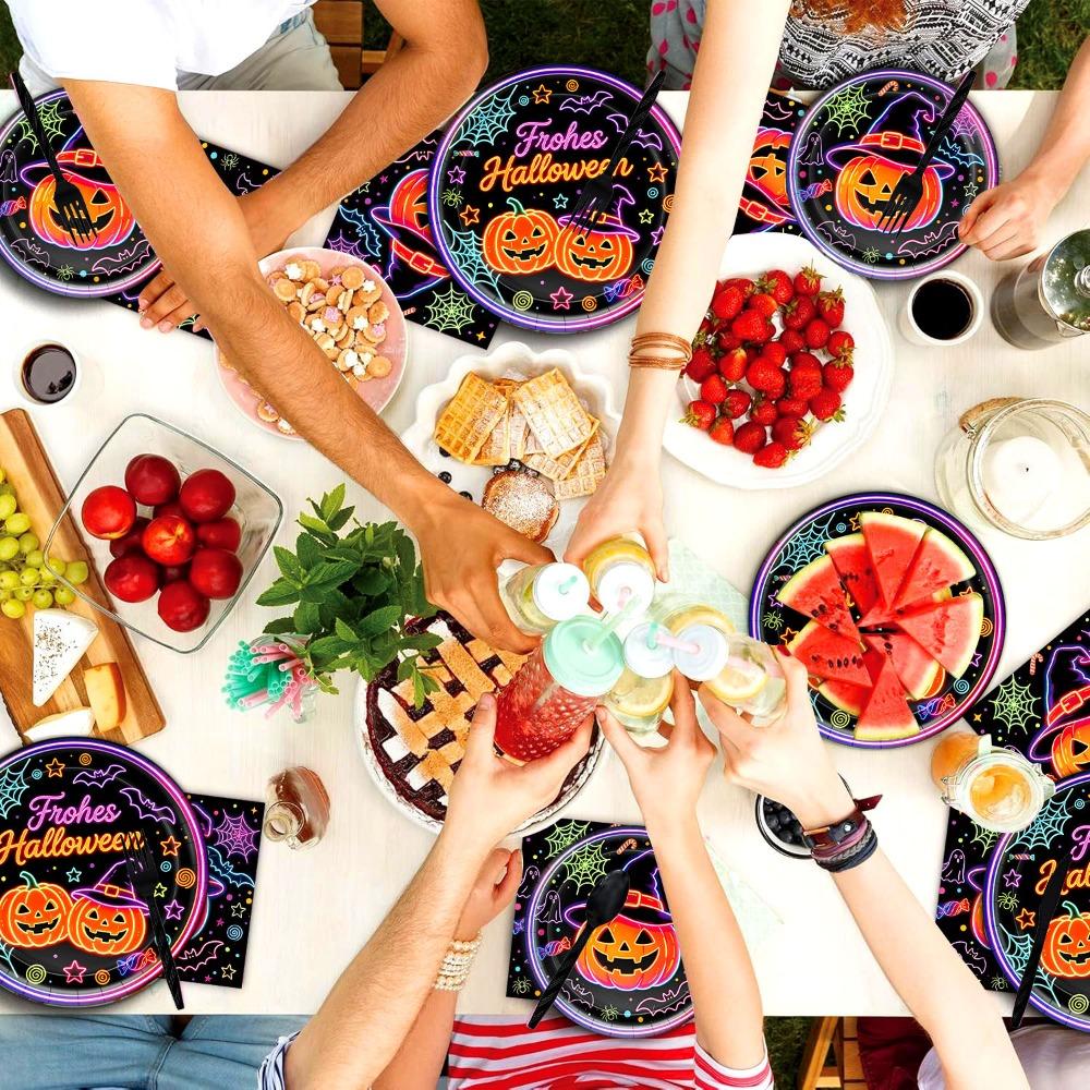 Thickened Neon Pumpkin Disposable Tableware Set Eco-friendly No Sagging Halloween Party Dinnerware Kit Waterproof