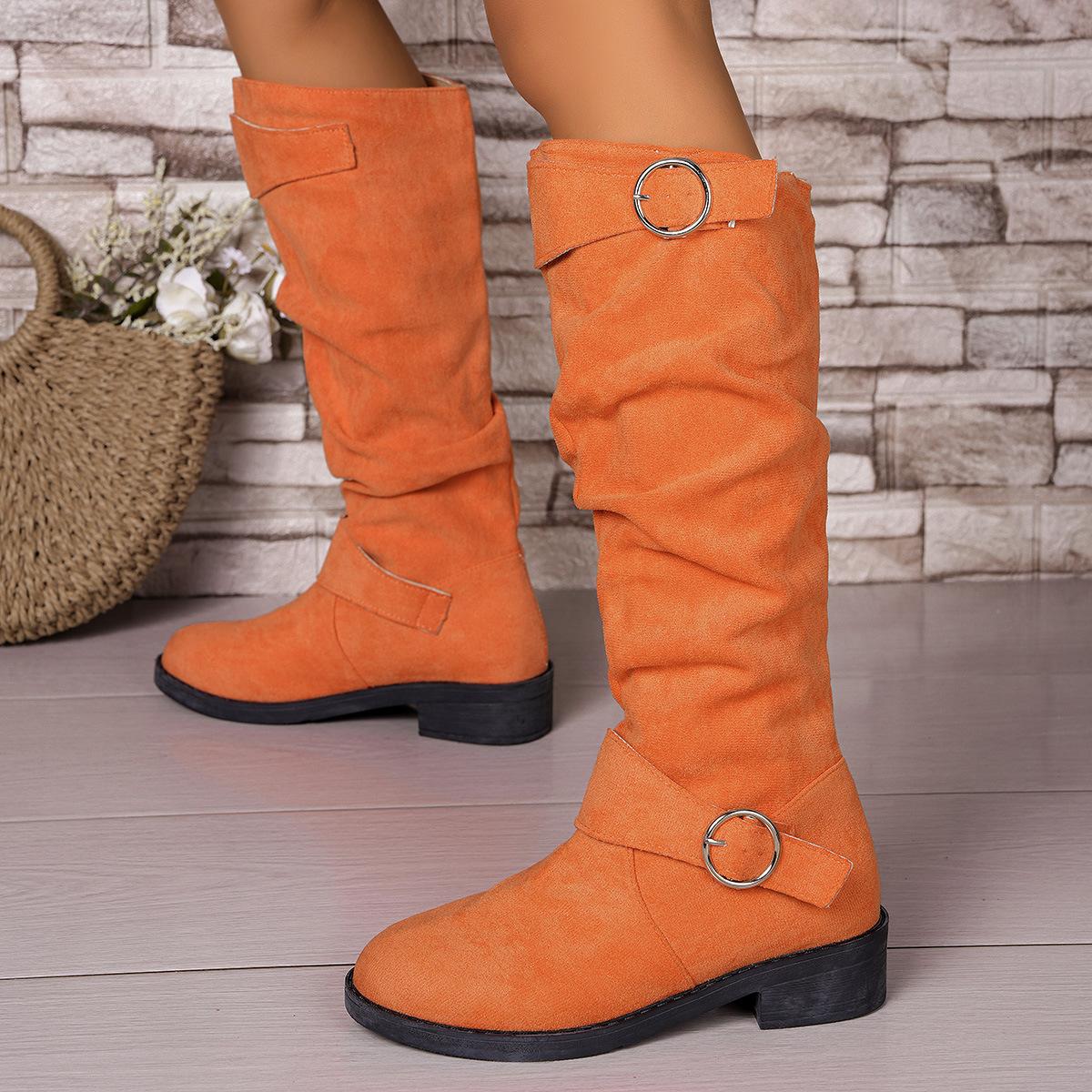 

Модные замшевые ботинки большого размера на квадратном каблуке с круглым носком, новые осенне-зимние, с металлической пряжкой, высокие до колена, женские ботинки 43