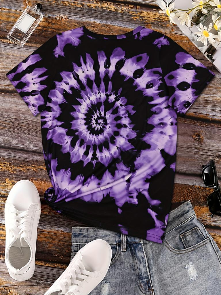 Women's gradient tie-dye short-sleeved T-shirt print, breathable crew neck casual top