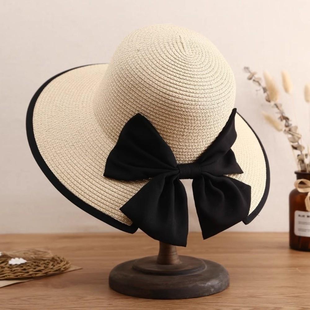 Large Bow Sunscreen Bucket Hat Fisherman Hat Bowknot Sun Cap Portable Straw Weave Sun Hat  Summer