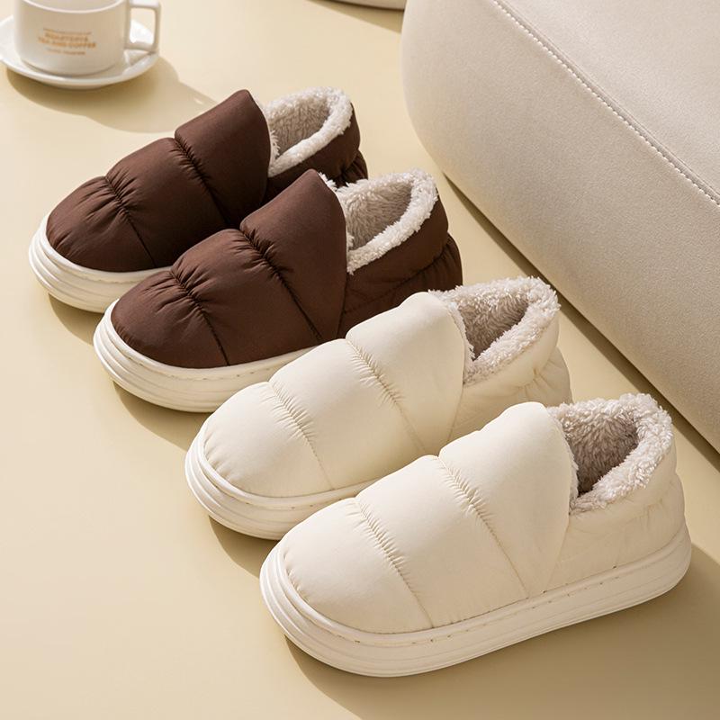 Waterproof Down Fabric Indoor Slippers for Men & Women - Warm, Closed-Heel, Autumn/Winter Style