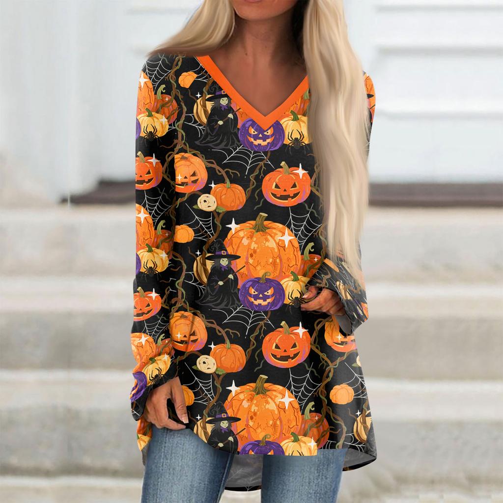 Women's Casual Long Sleeve V-Neck Halloween Print T-Shirt Mid-Length Top