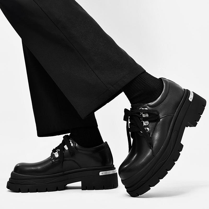 Fashion Casual Thick Soled Men's Leather Shoes Fashion Party Style Outdoor Trendy Streets Daily Derby Black Shoes Thick Soled Popular