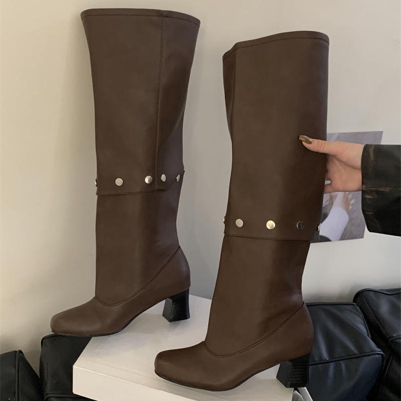 Eilyken Fashion Design Buckle Splicing Knee-High Boots Women Square Heels Low Shoes Elegant Modern Long Short Booties