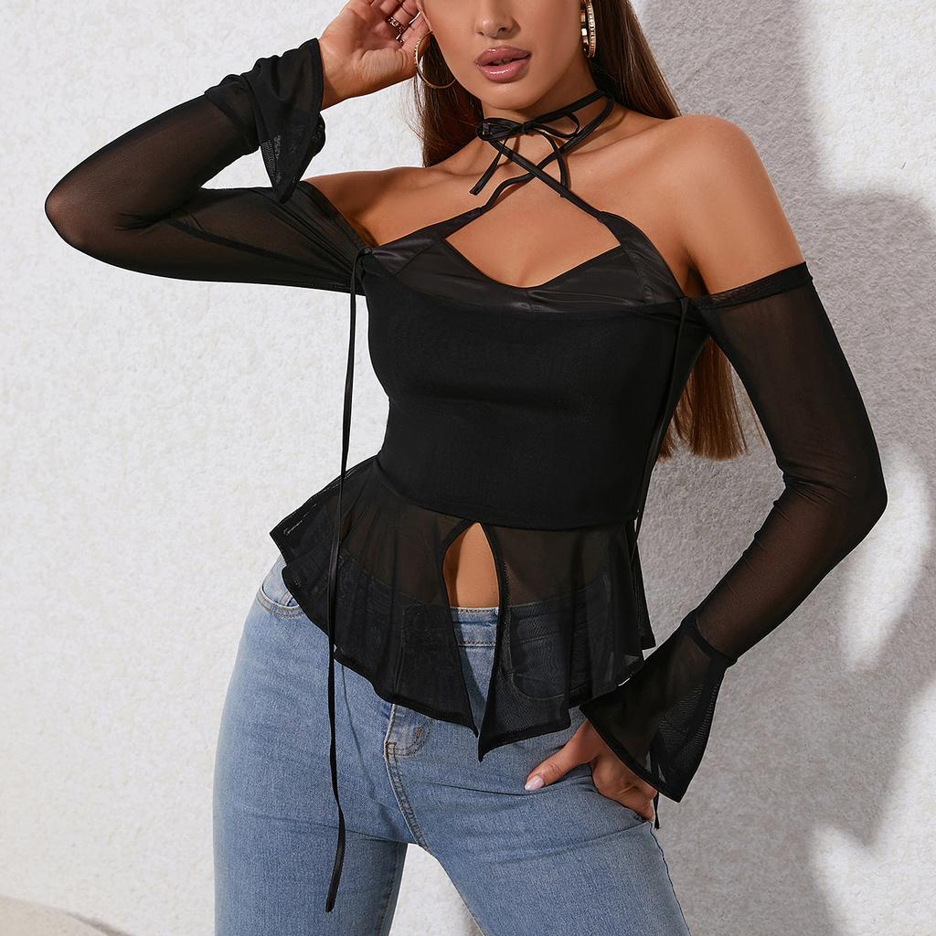 European and American Sexy Mesh Yarn Neck Splicing Top, Popular Women's Clothing Backless Perspective Horn Sleeve Long-sleeved T-shirt