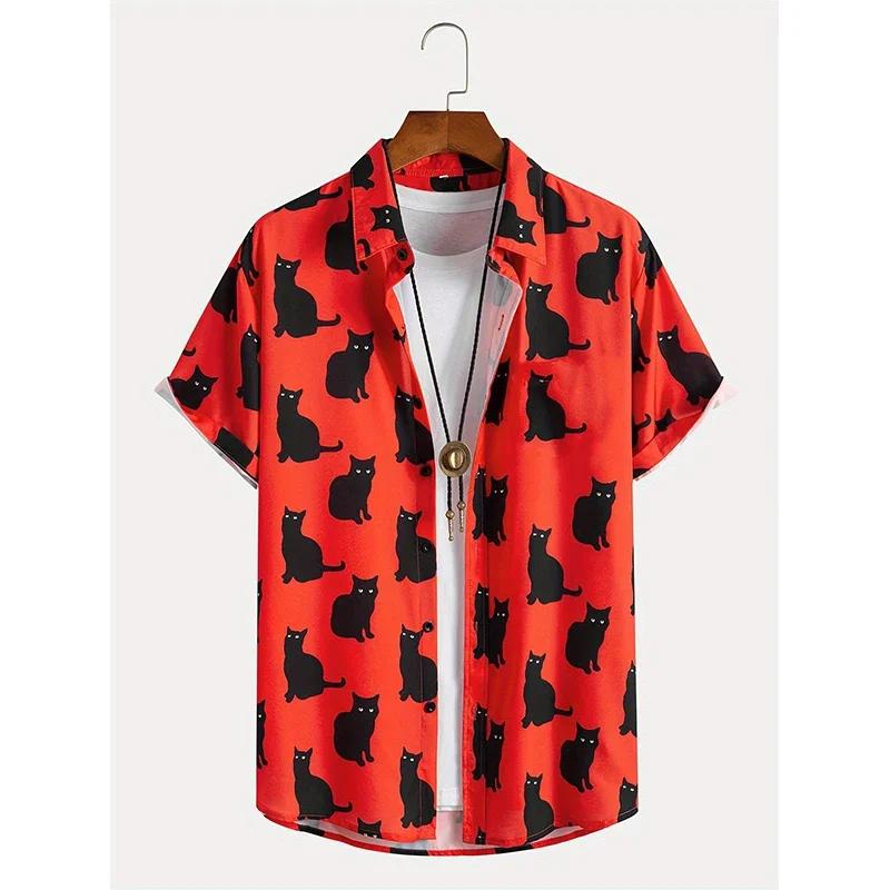 Cute Cat Pattern Print Men Summer Shrot Sleeve Lapel Shirt Men Loose Fashion Hawaii Shirt Tops