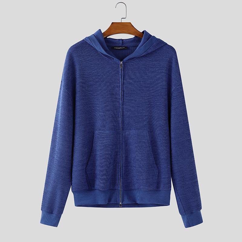 INCERUN Men Long Sleeve Zip-up Casual Hooded Rib Knitted Pullovers Sweatshirts