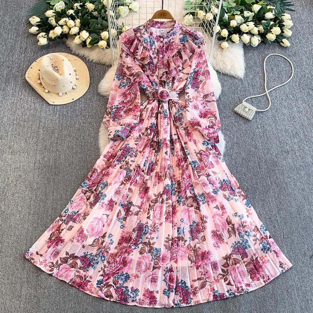 Romantic French Chiffon Print Ruffled Dress with Cinched Waist and Pleated Wide Hem