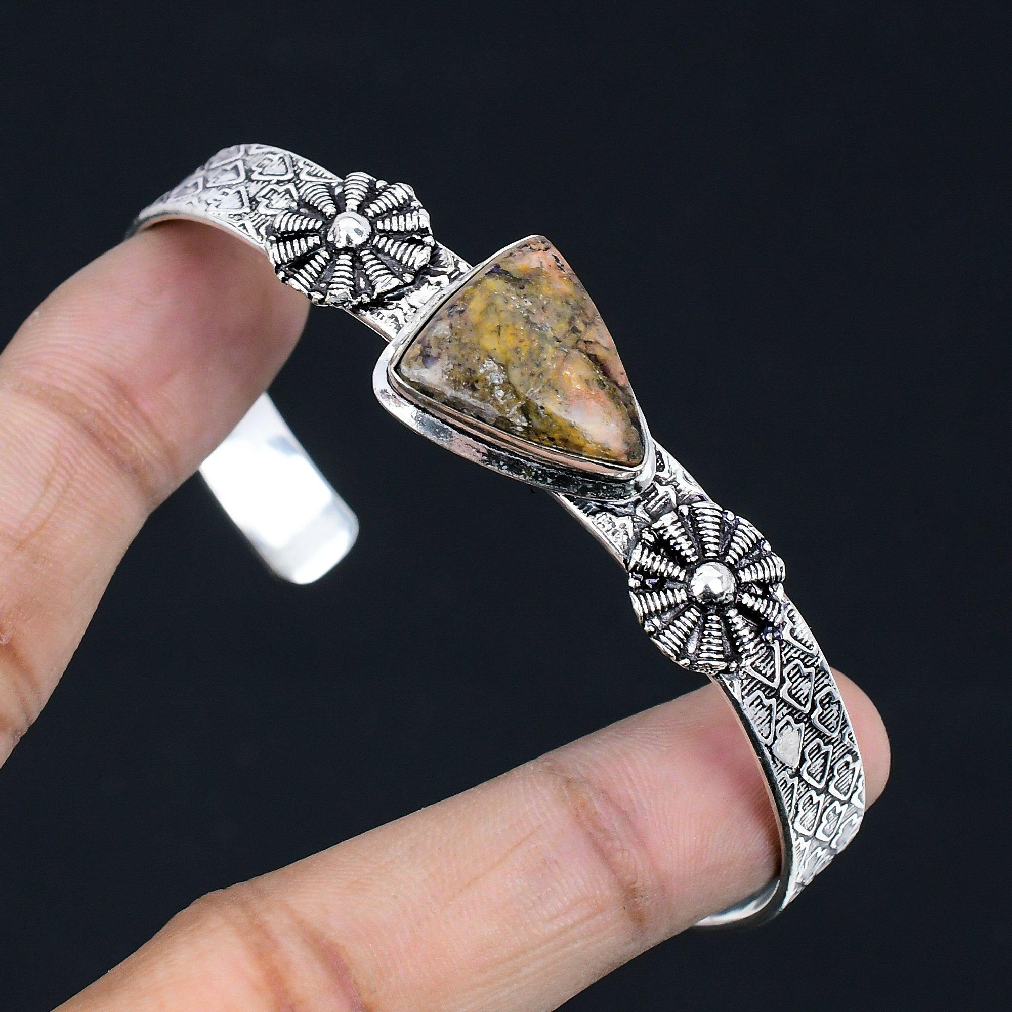 

925 Sterling Silver Trillion Natural Unakite Handcrafted Wedding Bangle Bracelet Adjustable