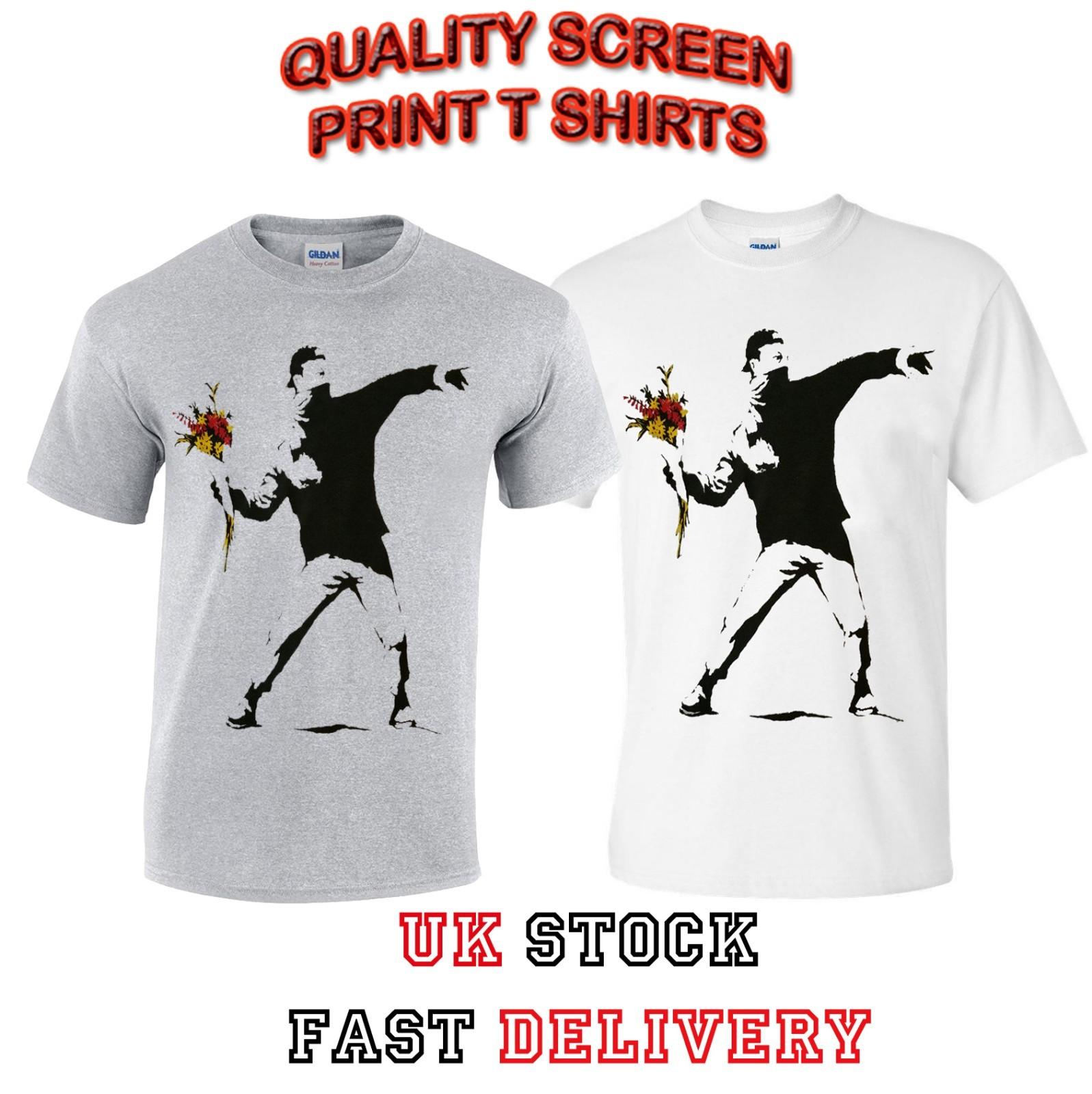 Mens Banksy Flower Thrower Graffiti Art T-Shirt Mens Womens Tees Top NEW Top Gift Xmas Cotton S-XXL 2XL