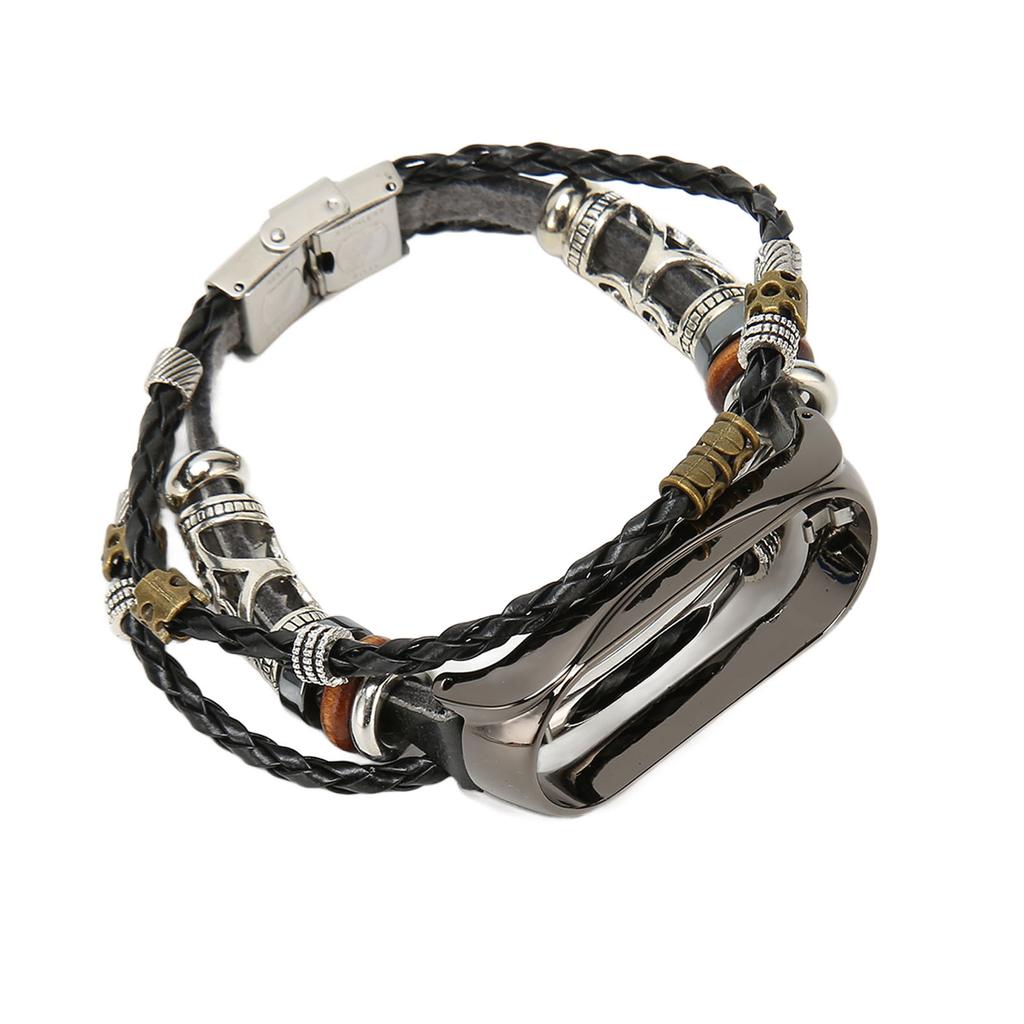 For Xiaomi Mi Band 7 Leather Strap Metal Snap Retro DIY Smart Watch Band Replacement Bracelet Black and Black