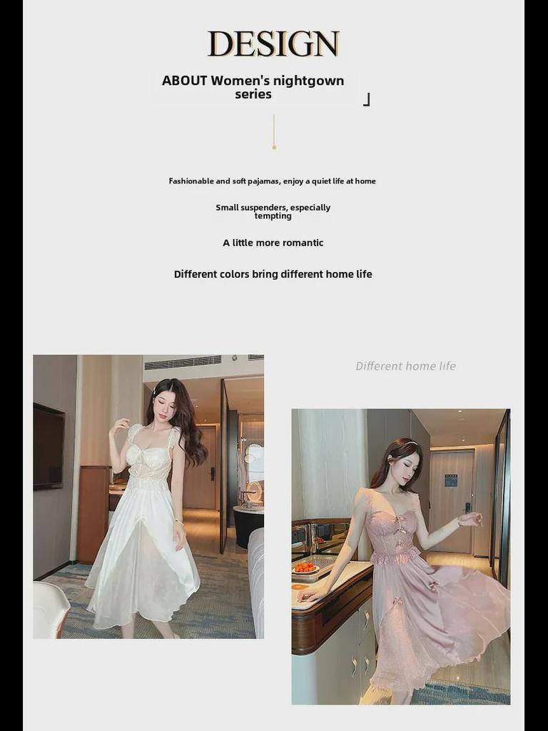 "Camisola de Noite Feminina de Renda de Seda Gelo com Busto Acolchoado - Sexy, Fina e Longa para Primavera e Outono"