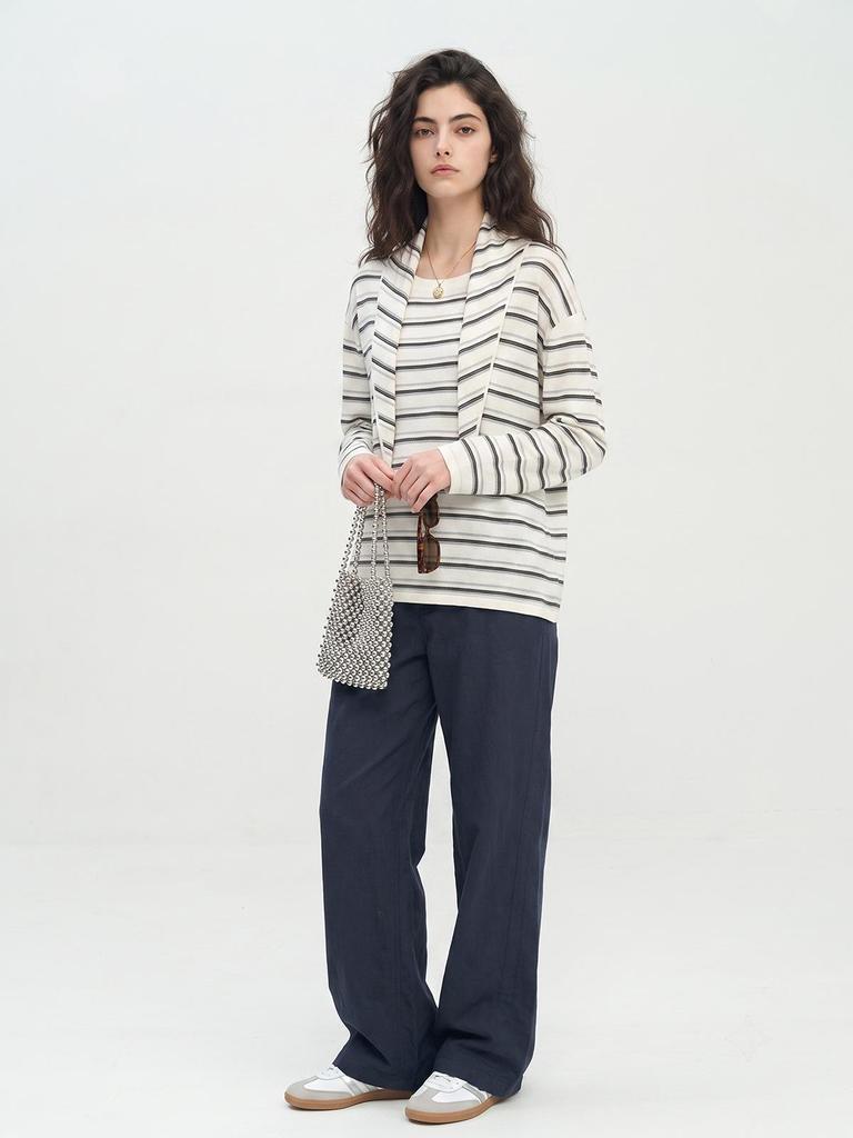 Women's Lightweight Striped Wool Pullover Sweater & Scarf Set - Anti-static, Machine Washable