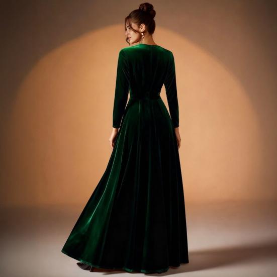 Damen Samt Maxi Kleid Lässig Rundhals Langarm A-Linien Swing Kleid Herbst Cocktailparty Formelles Kleid für Hochzeitsgast