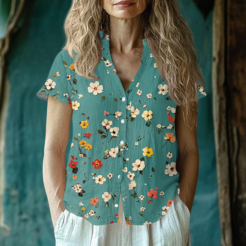 Women's Casual V-neck Short Sleeved Top, Printing T-shirt Shirt