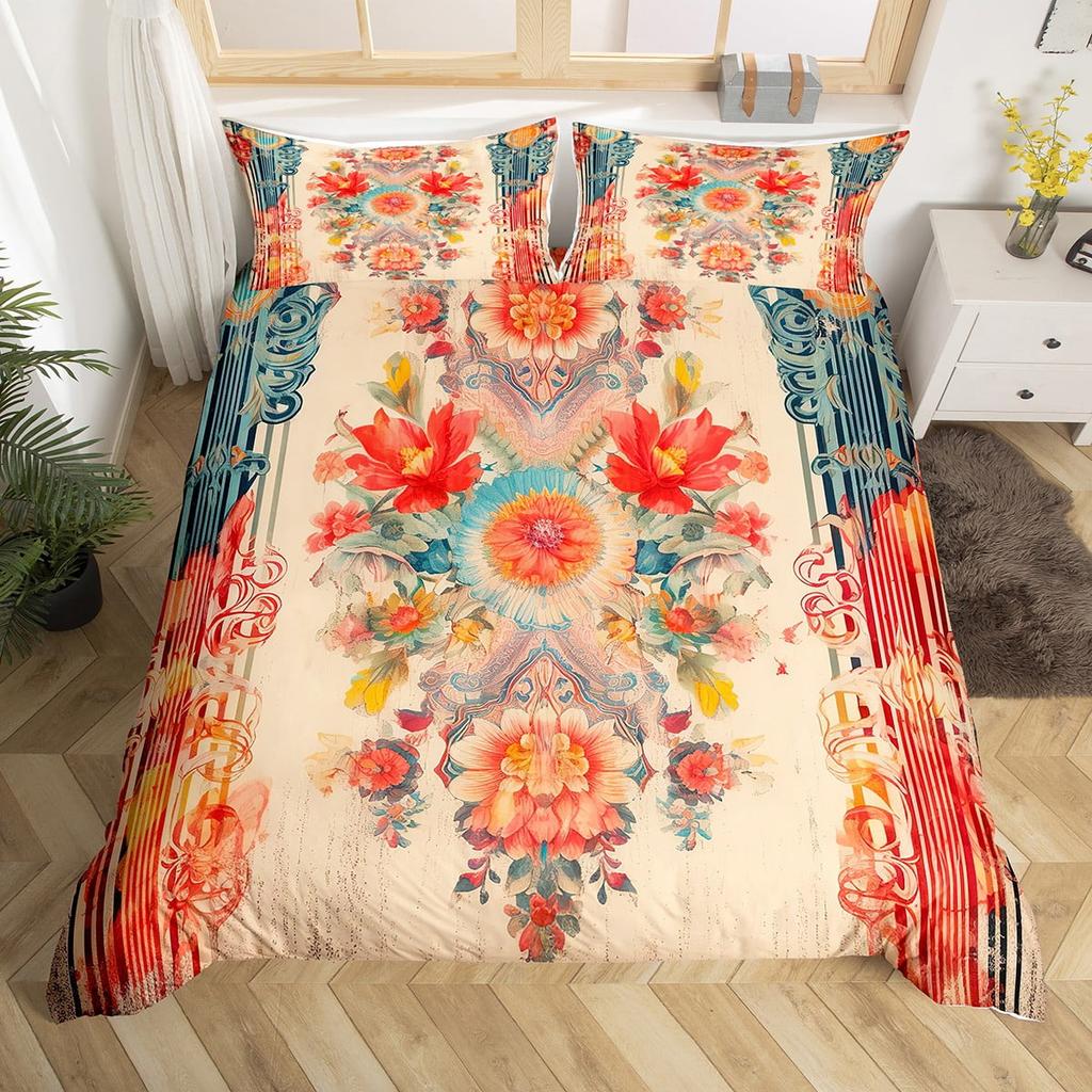 Colorful Flowers Beding Set Boho Paisley Floral Decor Soft Duvet Cover for Women Mothers Day Gifts, Warm Soft plus Breathable Quen