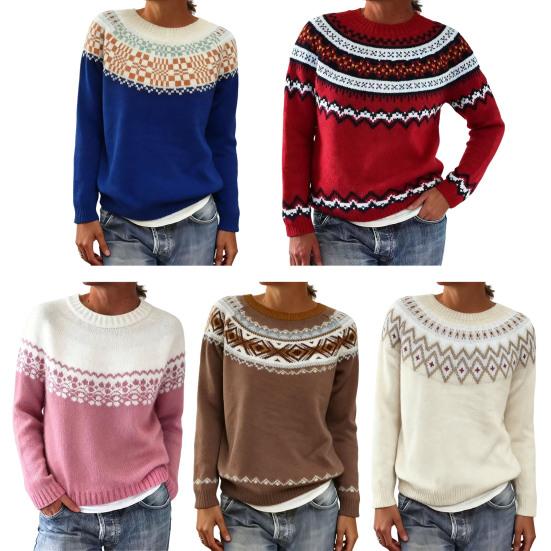 Women Sweater Round Neck Long Sleeve Patchwork Color Pullover Tops Loose Fit Autumn Winter Knit Tops