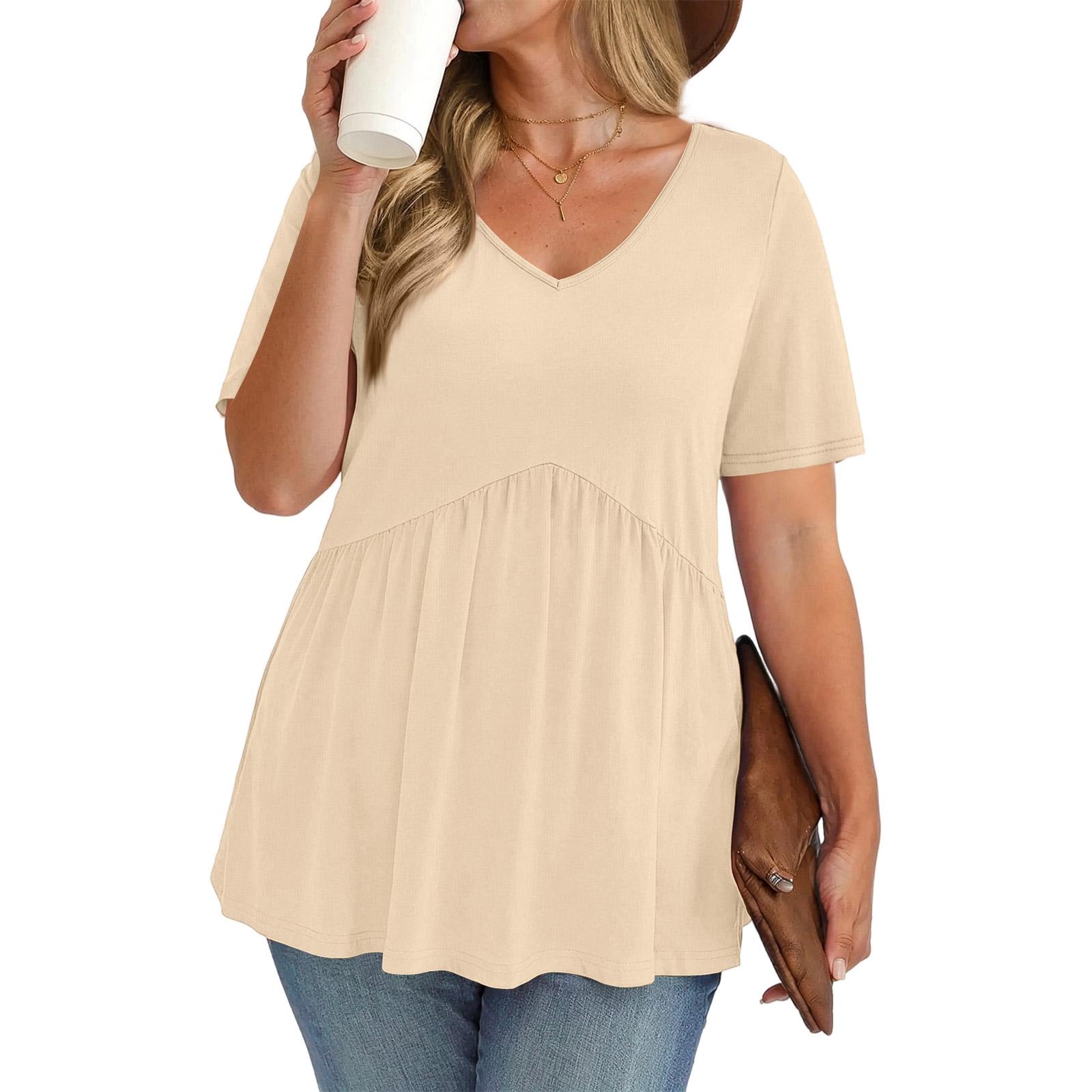 Women s Plus Size Fashionable Casual Loose-Fit V-Neck Short-Sleeve Top L бежевый