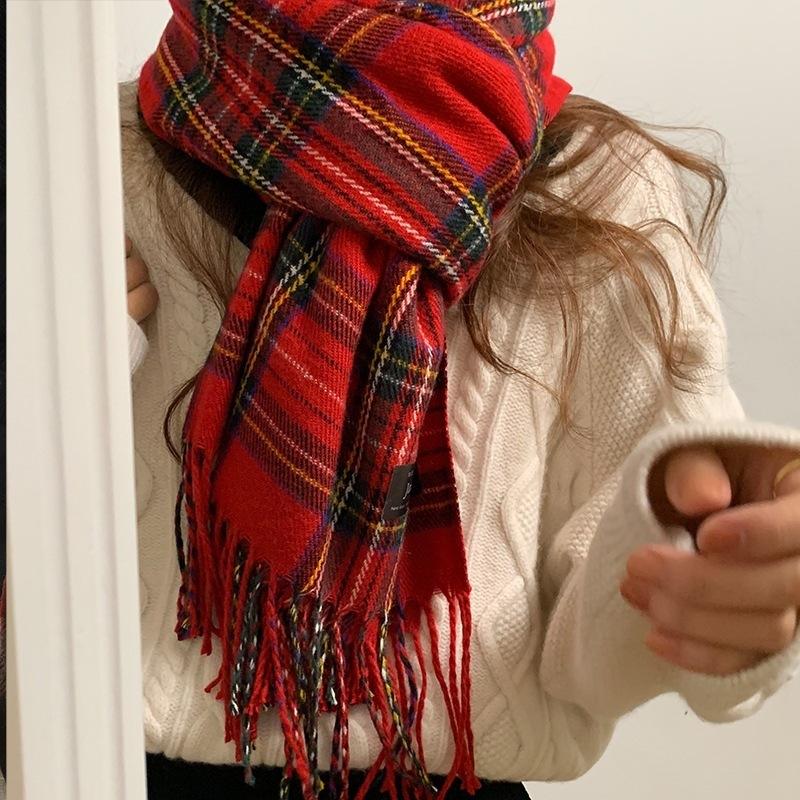 Mohair plaid scarf women's winter sea salt milk coffee blue thickened atmosphere warm student shawl scarf