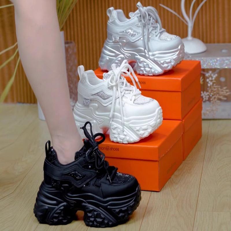 Thick-soled Dad Shoes Women's Spring 2025 New Rhinestone Warm and Heightening Women's Shoes Versatile Sports and Leisure Women's Shoes
