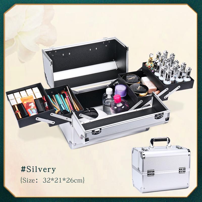 

Профессиональный большой кейс для косметики с 4 лотками, косметические кейсы, большая коробка-органайзер для хранения макияжа с замком, алюминиевая рама серебряный