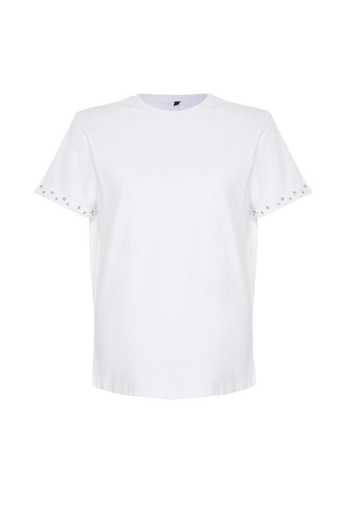 Women's Fashion Plus Size T-Shirt Crew Neck Short Orange Slit and Ruffle Detailed Boyfriend Knitted T-shirt