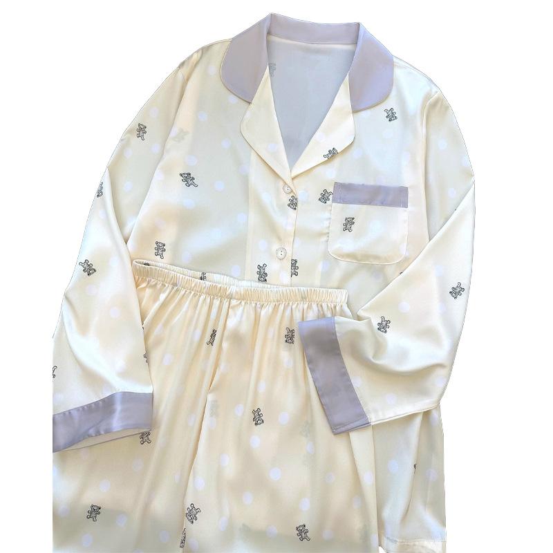 Bubble Bear Ice Silk Pajamas Spring And Summer Girl Style Thin Long-Sleeved Casual Loungewear