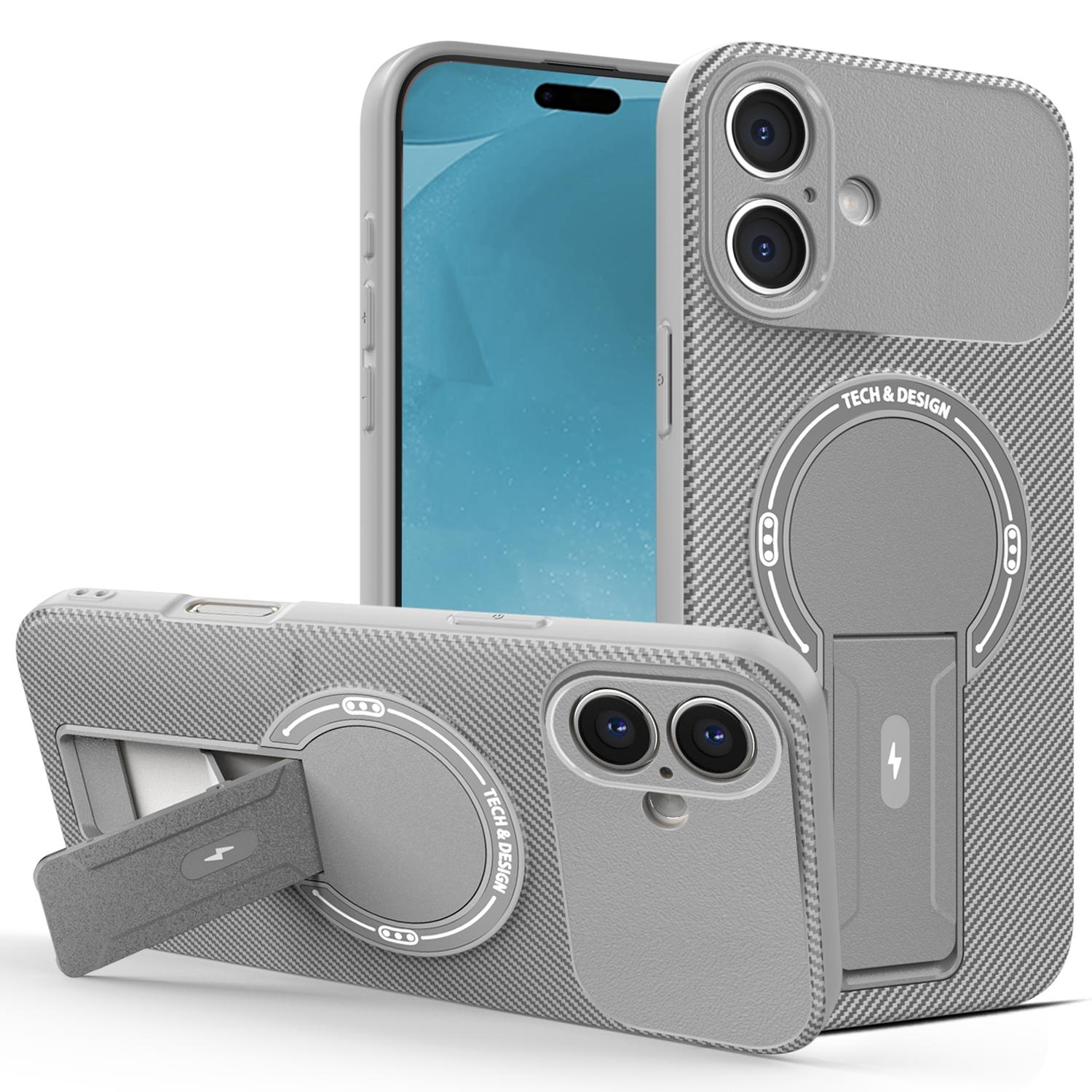 

For iPhone 16 Case with Kickstand Carbon Fiber Texture PC+TPU Phone Cover Grey