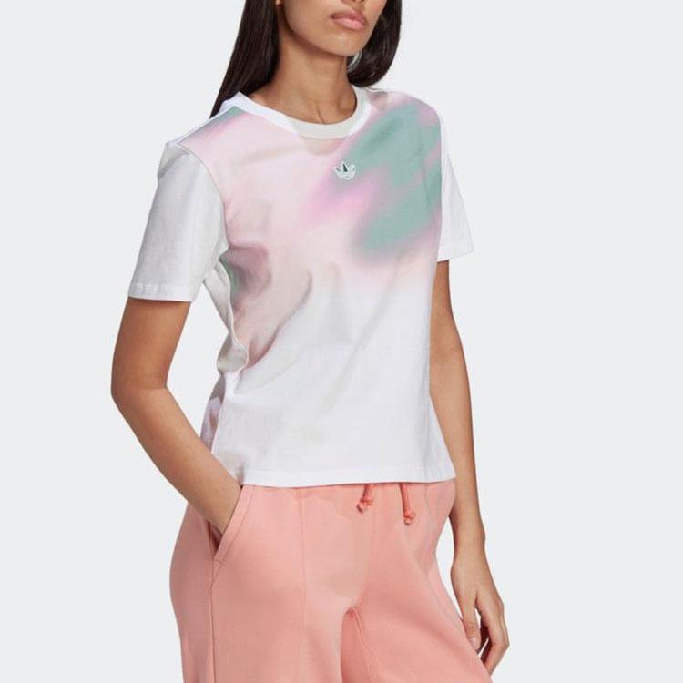 Adidas Originals Logo Embroidered Tie-Dye Print Round Neck Short Sleeve T-Shirt Women T-Shirts White GN3261