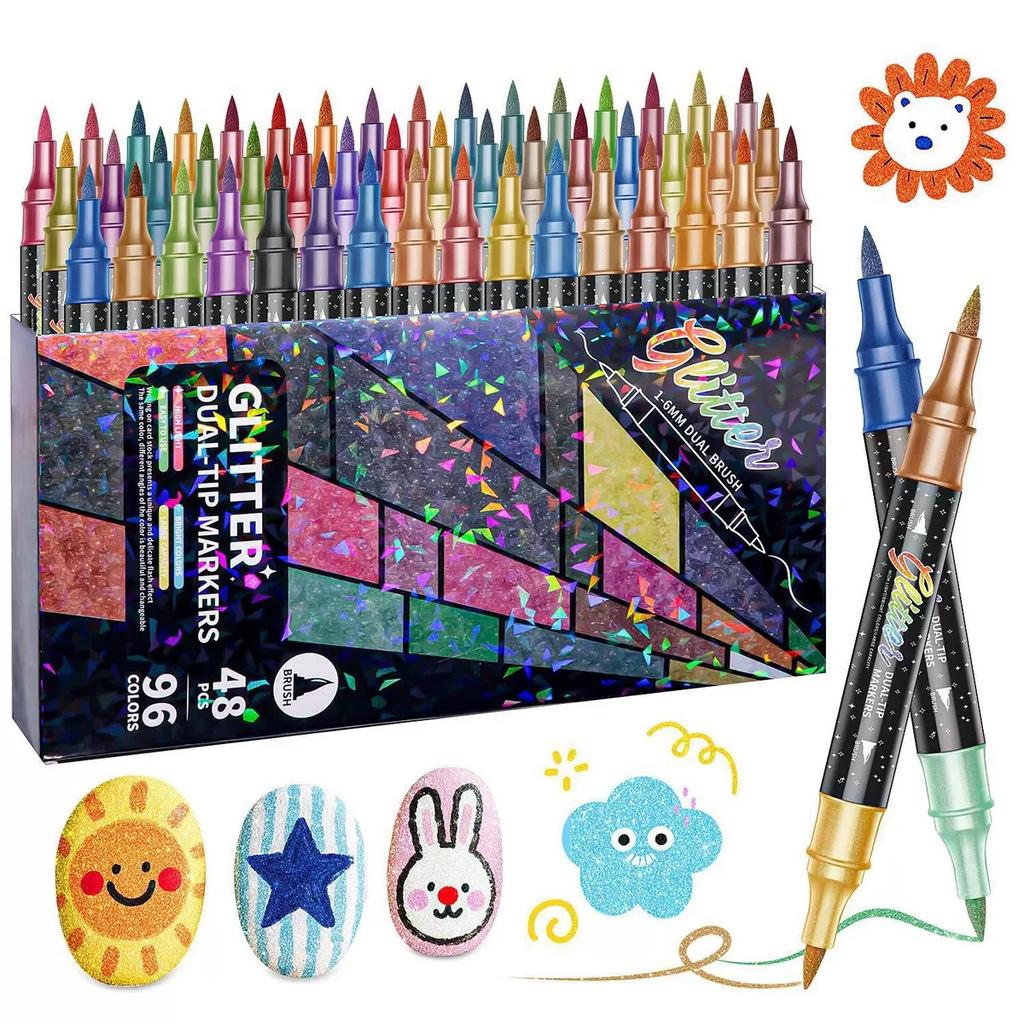 1 CAJA/12 uds/24 uds/36 uds/48 uds Rotulador Bolígrafo Flash de Doble Punta Punta Suave Doble Color Cabello, Bolígrafo Acuarela Flash para Pintar Papelería