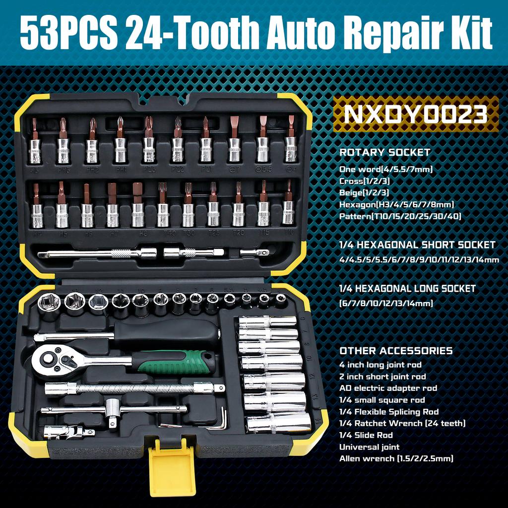 Socket Wrench Set 1/4" 24/72 Tooth Ratcheting Wrench Set with Extension Bar for Motor Repairing and Household, with Storage Case