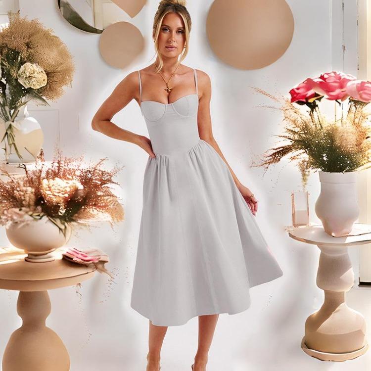 Women Print Dress High Waist Knee-Length Fashion Design Sense V-neck Backless Spaghetti Strap