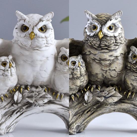 Owl Family Resin Figurines, Rustic Tree Branch Animal Statues, American Country Home Decor for Living Room TV Stand Bookshelf Bedroom, Unique