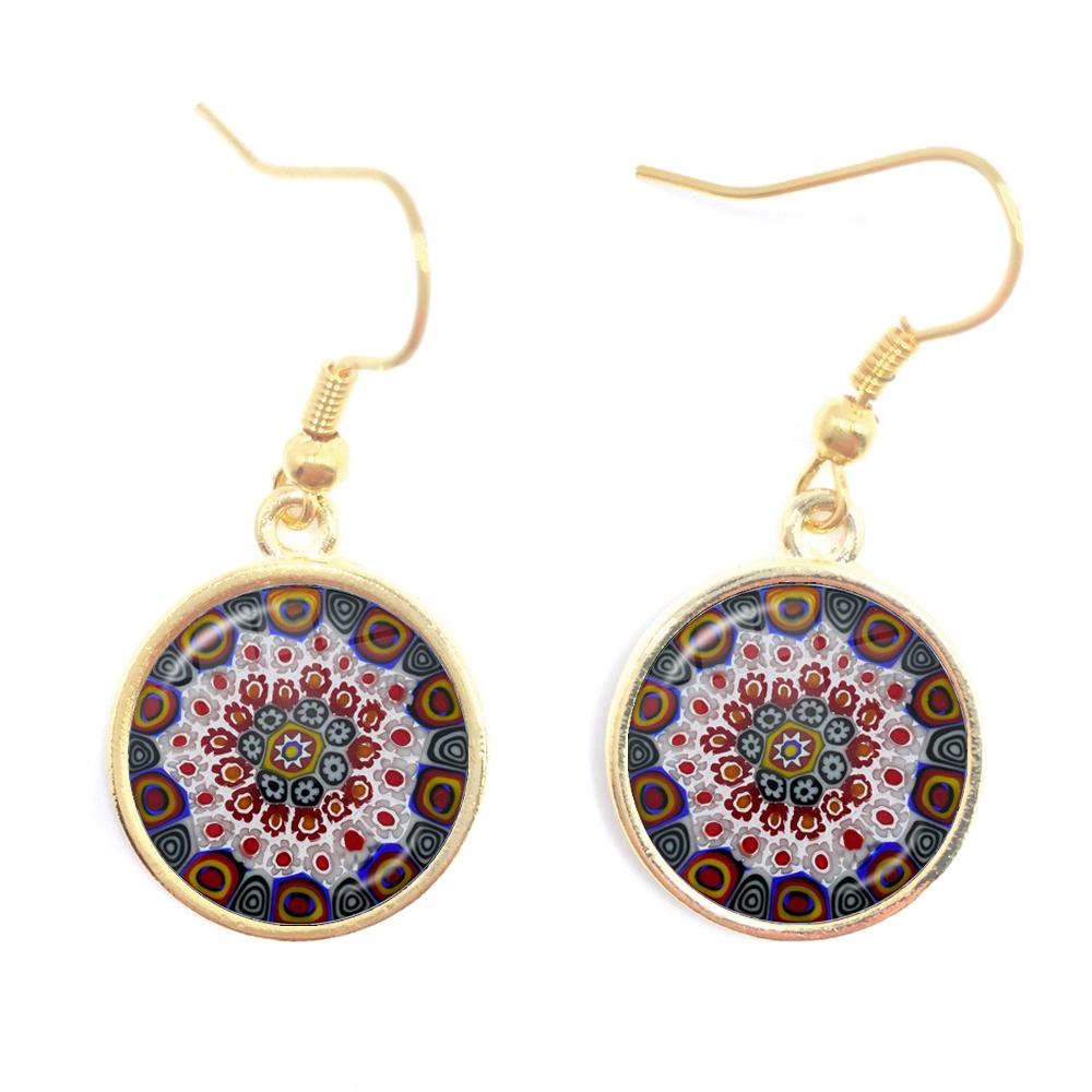 Murano Millefiori Drop Earrings MultiColour Flower 16mm Glass Cabochon Earring Jewelry For Women Girls Gift